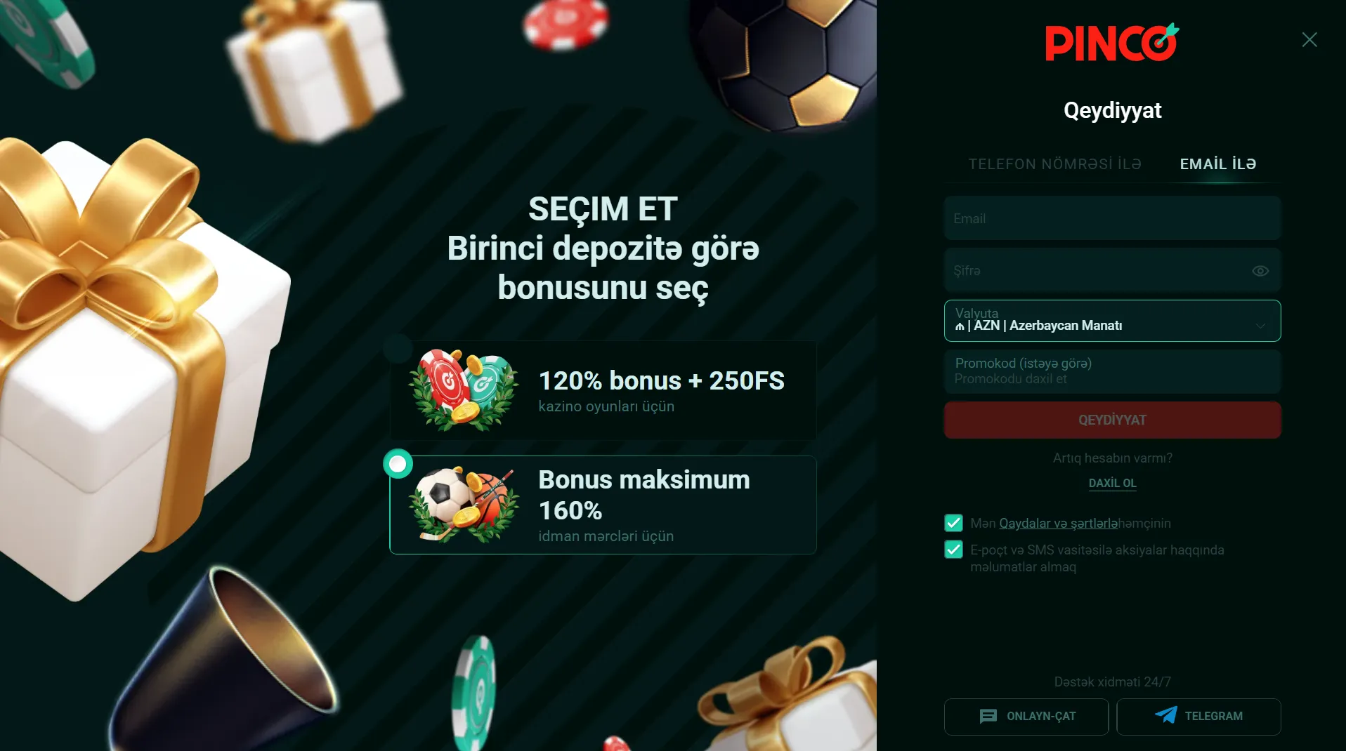 Pinco Casino qeydiyyat və şəxsiyyətin təsdiqi